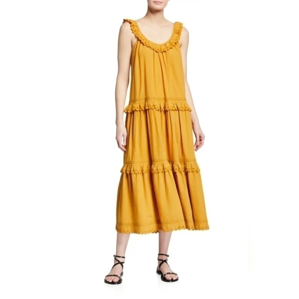 THE GREAT. The Eyelet Magnolia Tiered Midi Dress